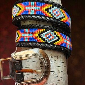 Vtg Western Seed Beaded Leather Belt Black Laced Aztec Southwestern  Sz 30 1991